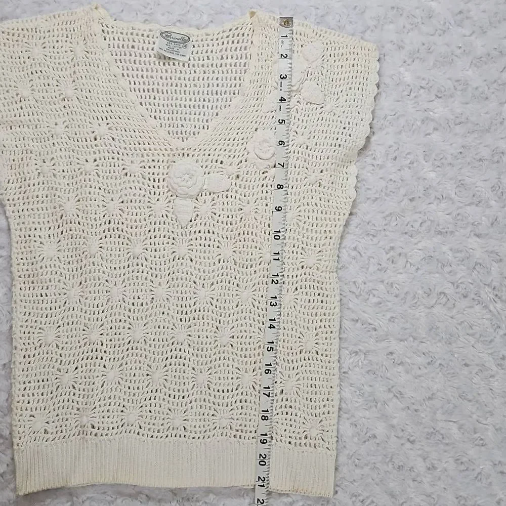 Vintage Parrimello Open Knit Cream Sleeveless Top with Roses